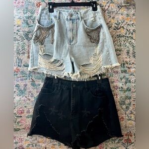 Two Pairs-Cider-Stylish Embellished Denim Shorts - Light Blue and Black-Size L